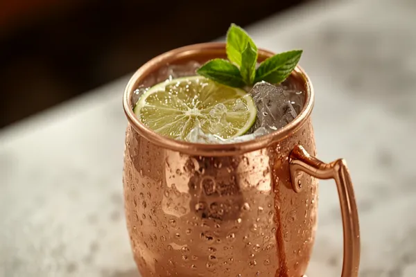 A copper mug Irish mule with whiskey, a lime wedge and mint sprig, condensation on the copper in soft daylight.