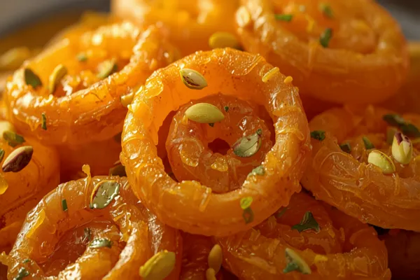 A pile of bright orange jalebis — crisp fried spirals glistening with saffron syrup, garnished with slivered pistachios.