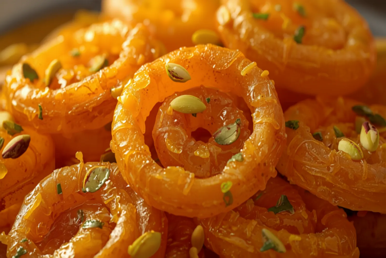 A pile of bright orange jalebis — crisp fried spirals glistening with saffron syrup, garnished with slivered pistachios.