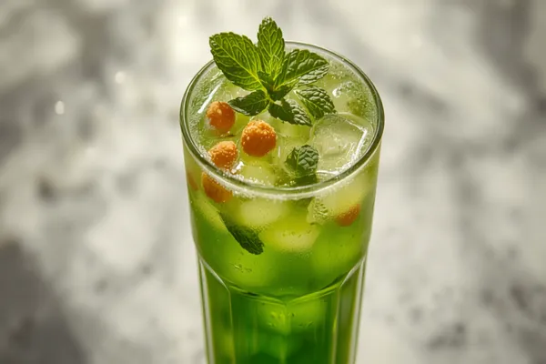 A glass of cloudy deep-green jaljeera over ice with mint leaves and a few boondi floating on top, on a bright summer table.