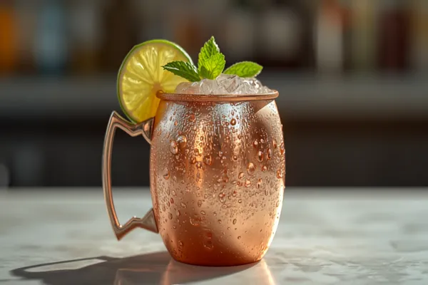 A copper mug Jamaican mule with dark rum, a lime wedge and mint sprig, condensation on the copper in warm light.