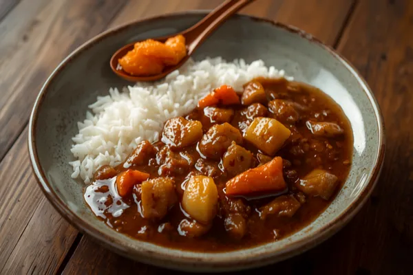 A wide plate half-mounded with glossy dark-brown Japanese curry studded with tender chunks of carrot, potato, and chicken, poured against a neat bank of steamed white rice, with a small bright-red spoonful of fukujinzuke pickle on the rim, on a rustic table.