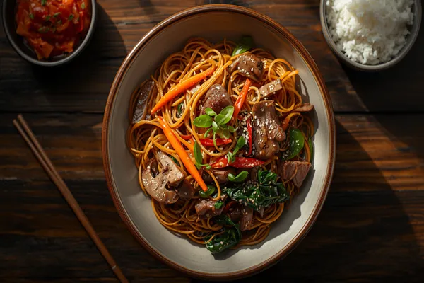 Overhead view of a wide cream stoneware bowl of Korean japchae on a dark weathered wooden table — glossy amber noodles tangled with strips of browned beef, sliced mushrooms, bright orange carrot matchsticks, red pepper slivers and dark green spinach leaves, scattered with toasted sesame seeds, with wooden chopsticks resting to the left and small bowls of red kimchi and steamed white rice at the top edge of the frame.