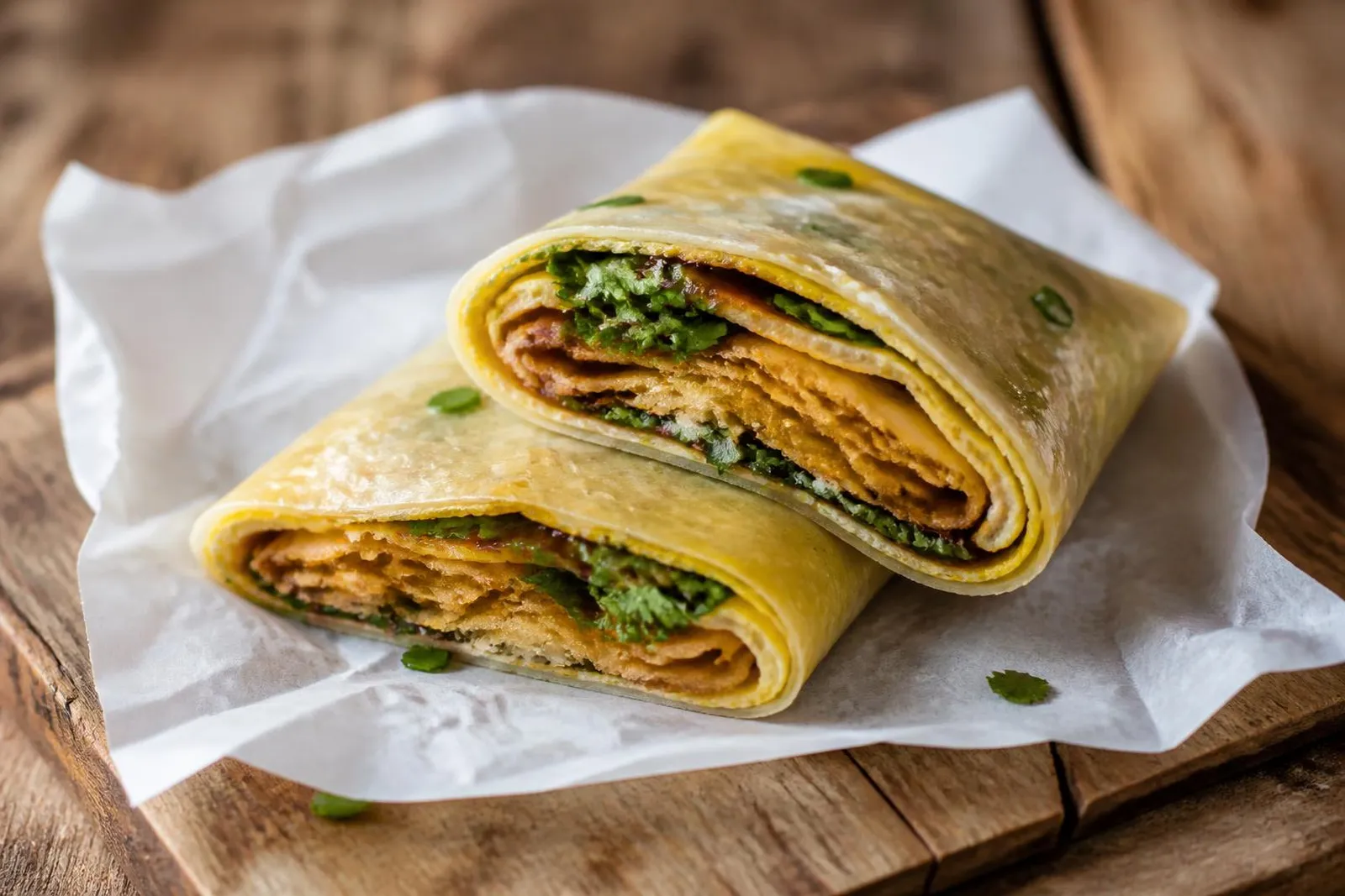 A folded jianbing crepe sliced in half on a bias, resting on white parchment on a rustic wooden table, its cross-section showing the thin golden crepe wrapped around egg, scallions, cilantro and a crispy golden cracker with a dark sauce drizzle.