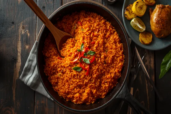 A wide pot of deep red-orange Nigerian jollof rice with separate glossy grains, scattered strips of red pepper and onion on top, a serving spoon lifting the toasted bottom layer, with fried plantain and grilled chicken alongside.