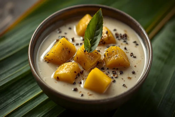 A thick, glossy Kerala kaalan of yam and plantain cubes in a pale sour-yogurt and coconut gravy speckled with pepper and curry leaves, in a bowl on a banana leaf.