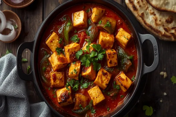 Kadai paneer served in a black cast-iron kadai — cubes of paneer with charred green capsicum, onion petals and julienned ginger in a glossy brick-red masala, scattered with coriander, warm natural light.