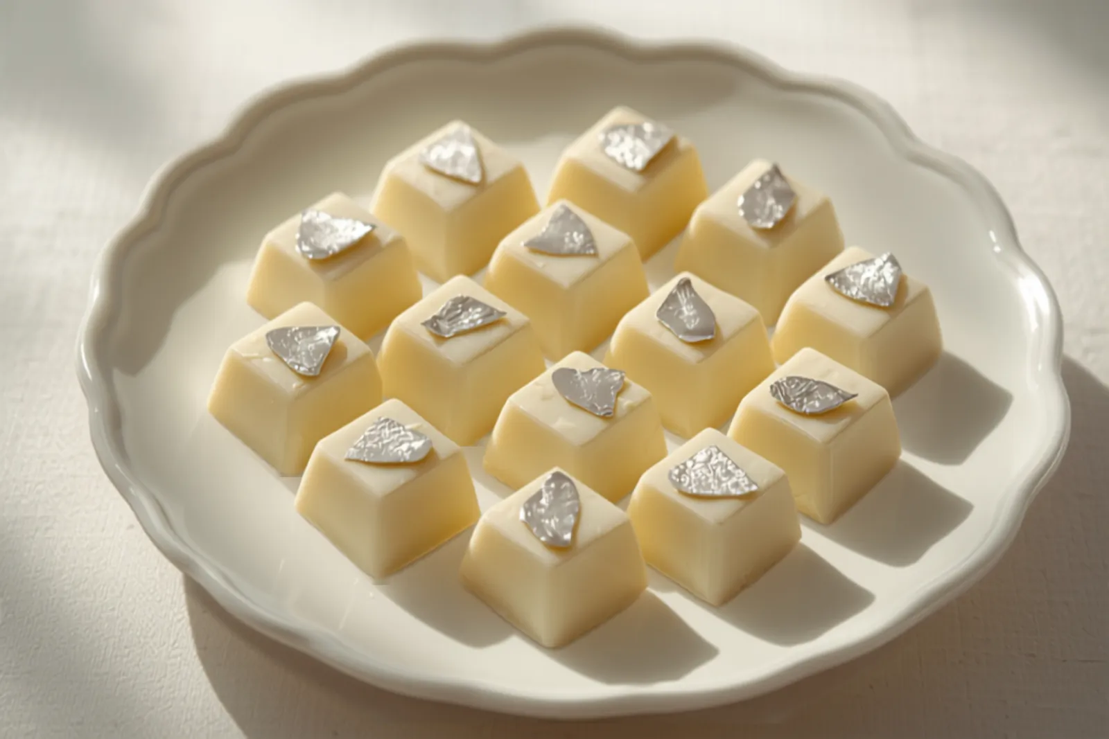 Diamond-shaped pieces of pale ivory kaju katli topped with edible silver leaf, arranged neatly on a plate.