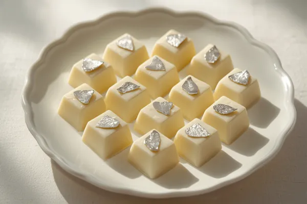 Diamond-shaped pieces of pale ivory kaju katli topped with edible silver leaf, arranged neatly on a plate.