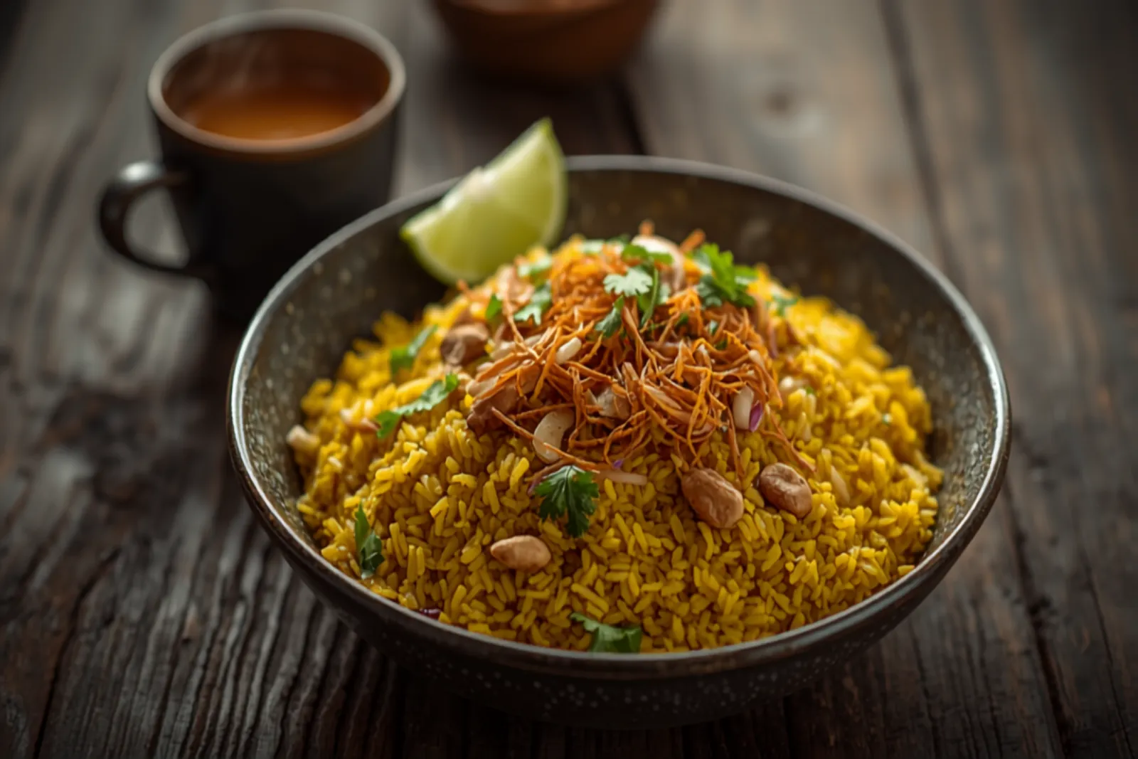 A bowl of golden turmeric-yellow kanda poha topped with chopped onion, fresh coriander, toasted peanuts, fine sev and a lime wedge, with a cup of chai beside it in soft morning light.