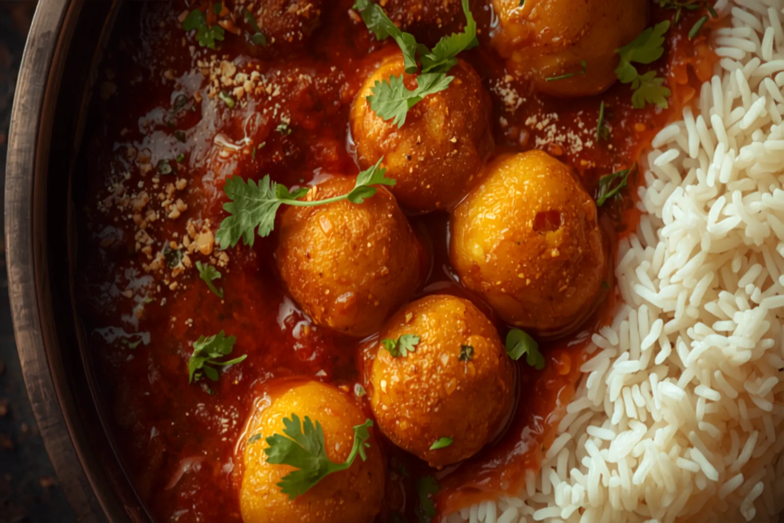 Golden baby potatoes in a glossy deep-red Kashmiri yogurt gravy in a copper bowl, lightly garnished, with steamed rice beside.