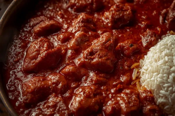 A deep red Kashmiri rogan josh in a copper bowl, tender bone-in lamb pieces in a glossy, oil-flecked red gravy, garnished lightly, beside steamed rice.