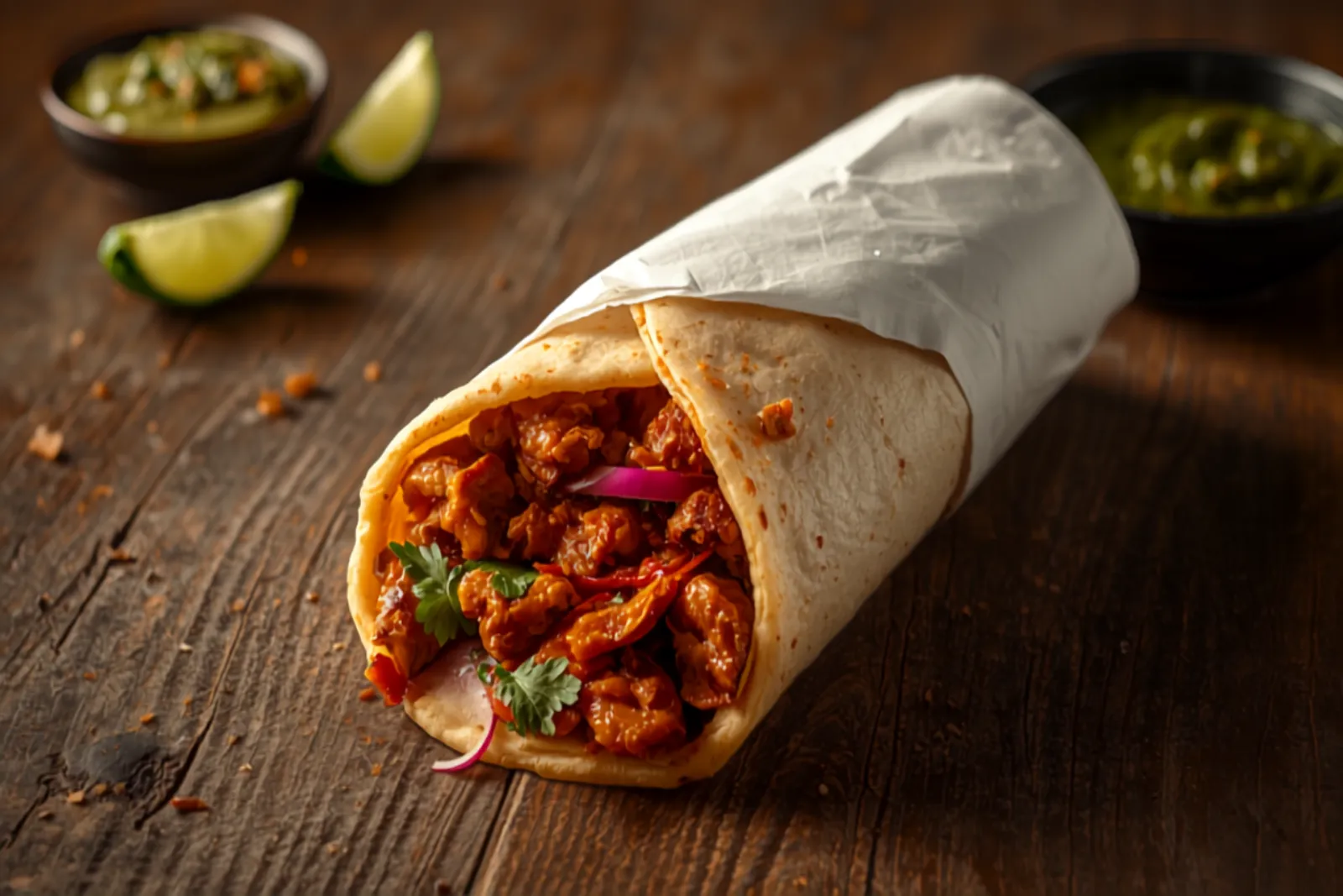 A Kolkata kathi roll wrapped in paper, cut open to show charred chicken, golden egg-lined paratha, red onion slivers and green chutney, on a dark table with lime wedges.