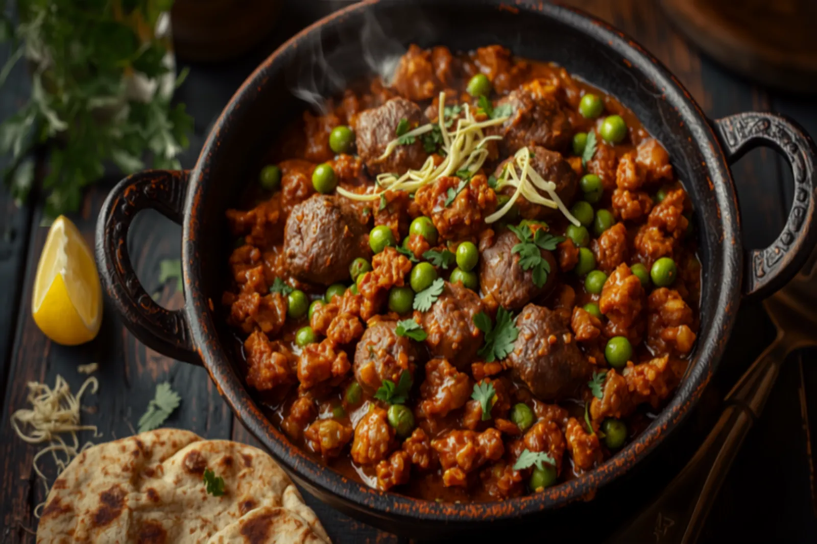 A dark kadhai of keema matar — richly browned spiced lamb mince studded with bright green peas — glossy with ghee, garnished with julienned ginger and fresh coriander, warm side light, a roti and lemon wedge alongside.