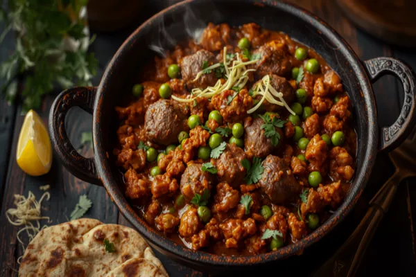 A dark kadhai of keema matar — richly browned spiced lamb mince studded with bright green peas — glossy with ghee, garnished with julienned ginger and fresh coriander, warm side light, a roti and lemon wedge alongside.
