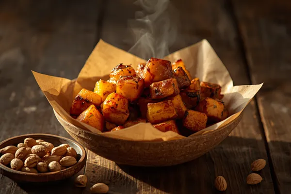 A paper-lined bowl of golden, caramelized kelewele cubes — spiced Ghanaian fried plantain with dark crisp edges — beside a small dish of roasted peanuts on a rustic wooden table in warm evening light.