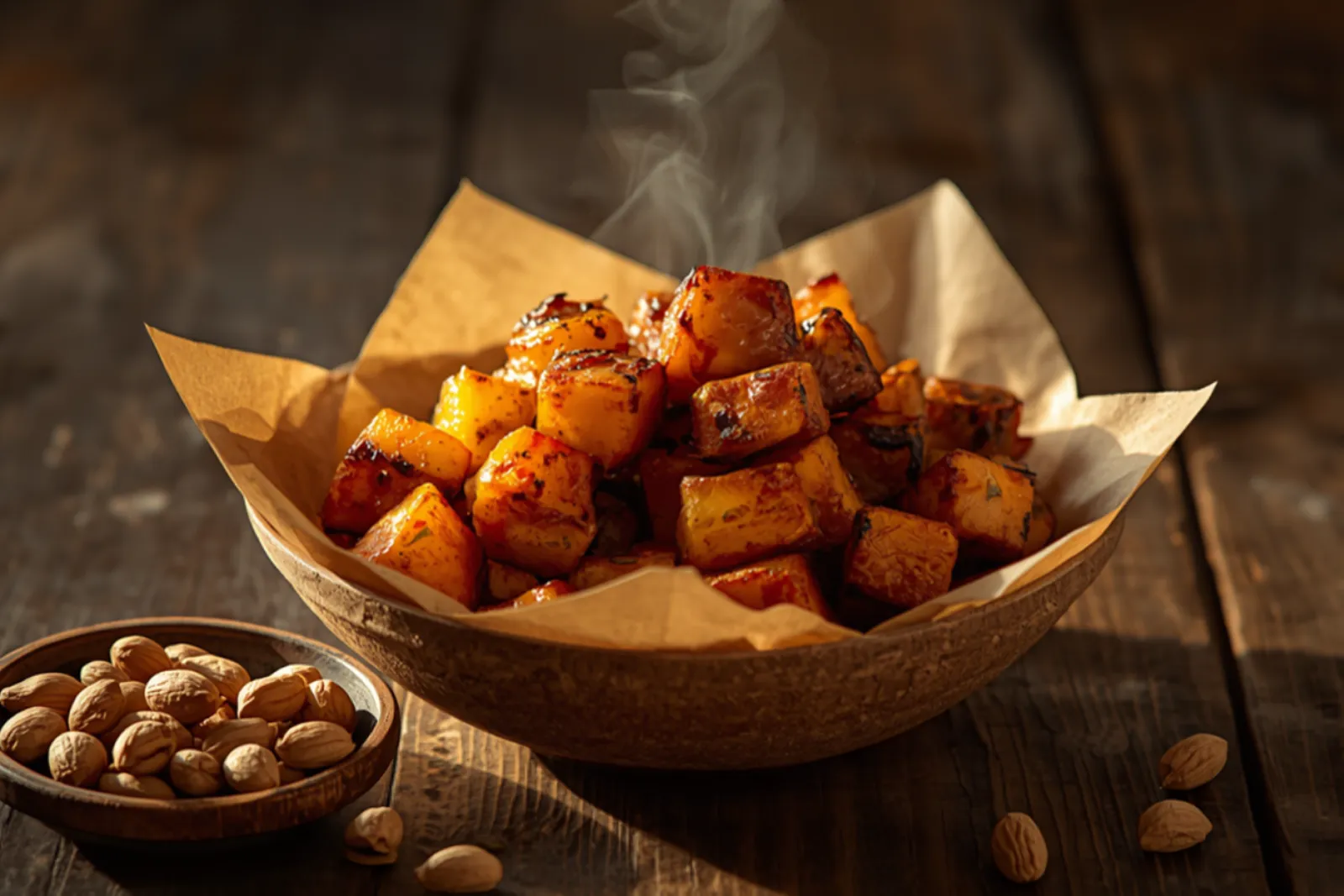 A paper-lined bowl of golden, caramelized kelewele cubes — spiced Ghanaian fried plantain with dark crisp edges — beside a small dish of roasted peanuts on a rustic wooden table in warm evening light.