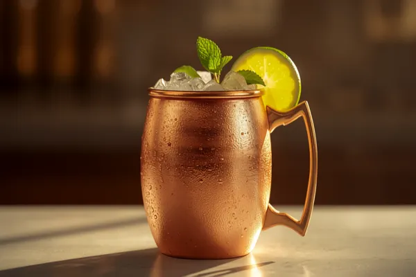 A copper mug Kentucky mule with bourbon, a lime wedge and mint sprig, condensation on the copper in warm light.