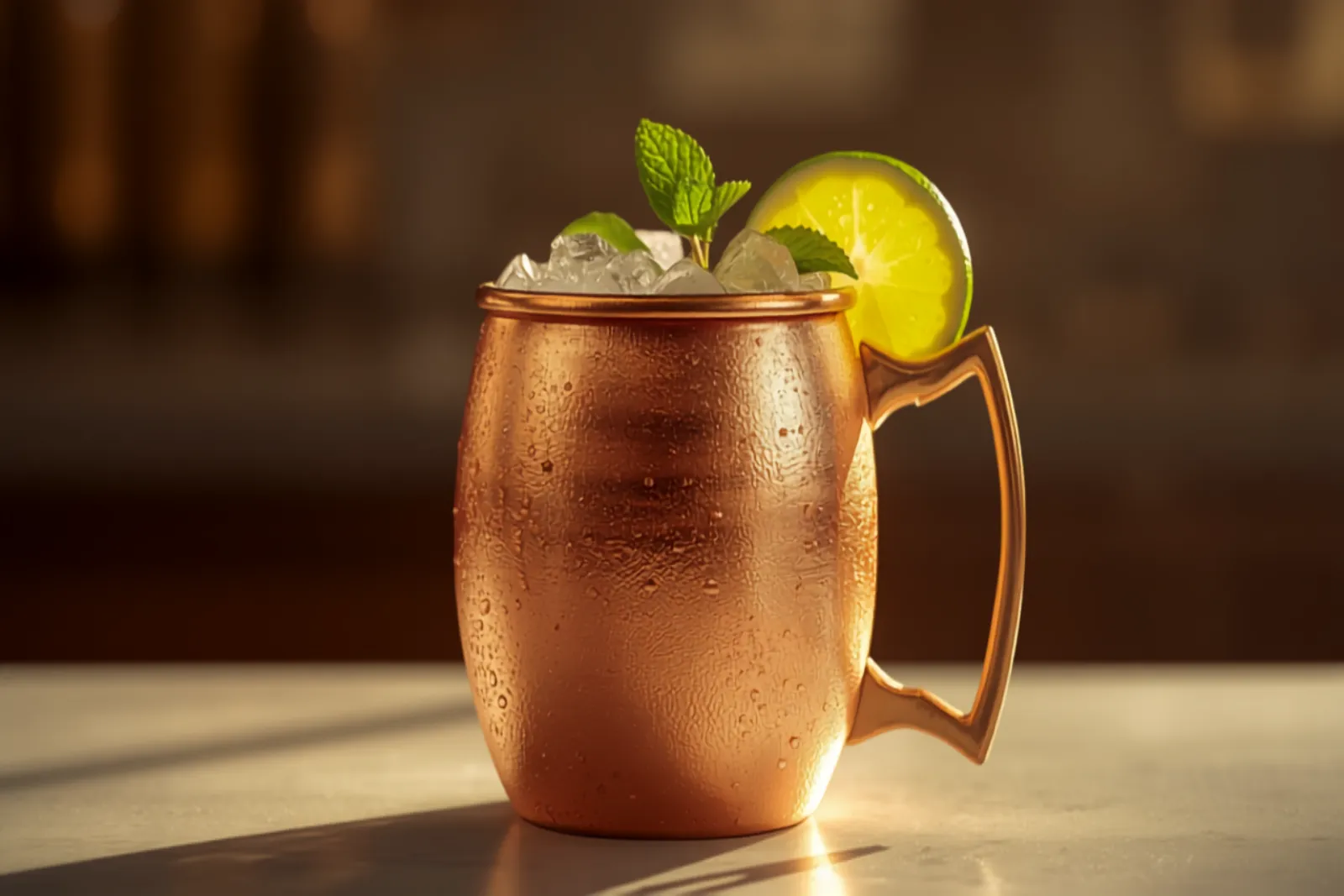 A copper mug Kentucky mule with bourbon, a lime wedge and mint sprig, condensation on the copper in warm light.