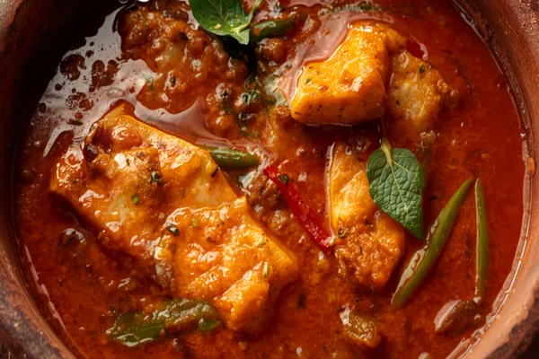 A deep red-orange Kerala fish curry in a clay pot, fish steaks submerged in a coconut-rich gravy with curry leaves and slit green chilies floating on top.