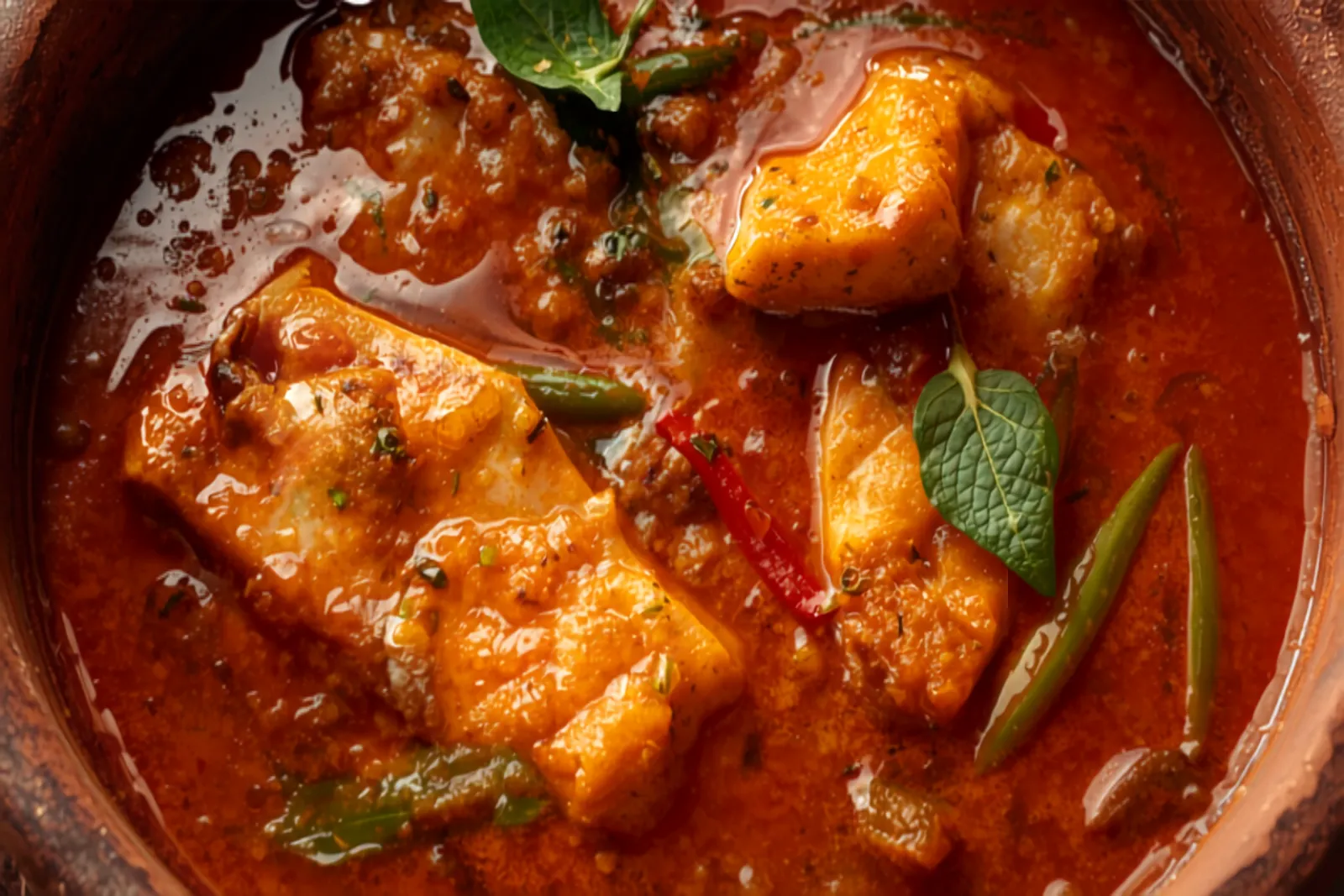 A deep red-orange Kerala fish curry in a clay pot, fish steaks submerged in a coconut-rich gravy with curry leaves and slit green chilies floating on top.