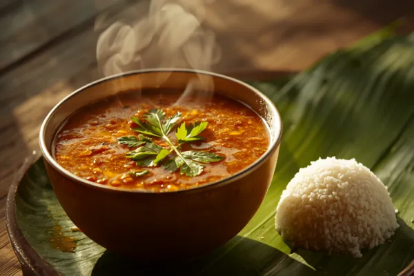 A bowl of thin, reddish Kerala rasam with curry leaves and coriander floating on top, steam rising, beside rice on a banana leaf.