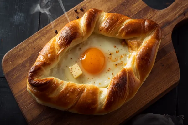A boat-shaped Georgian khachapuri fresh from the oven, its deeply browned twisted rim cradling a pool of bubbling molten cheese with an orange egg yolk and a melting knob of butter in the centre, on a wooden board.