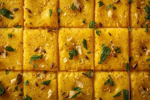 Soft yellow squares of khaman dhokla on a plate, glistening with a mustard-seed and curry-leaf tempering and scattered with grated coconut and coriander, with green chutney on the side.