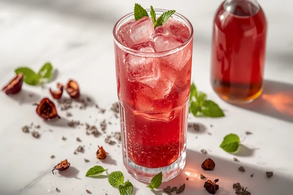 A glass of jewel-pink kokum sharbat over ice with mint leaves, dried kokum rinds and a syrup bottle beside it on a bright table.
