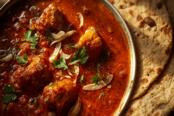 A fiery red Kolhapuri chicken curry with bone-in pieces in a thin glossy red gravy flecked with roasted coconut and coriander, beside a stack of bhakri.