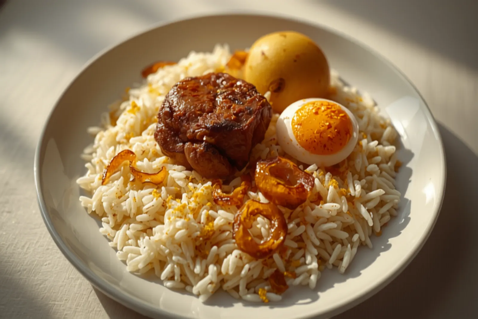 A plate of Kolkata biryani — pale saffron-streaked long-grain rice with a piece of mutton, a whole golden potato and a boiled egg, scattered with fried onions.