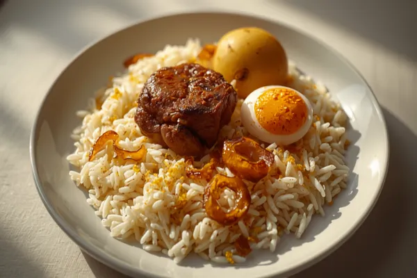 A plate of Kolkata biryani — pale saffron-streaked long-grain rice with a piece of mutton, a whole golden potato and a boiled egg, scattered with fried onions.
