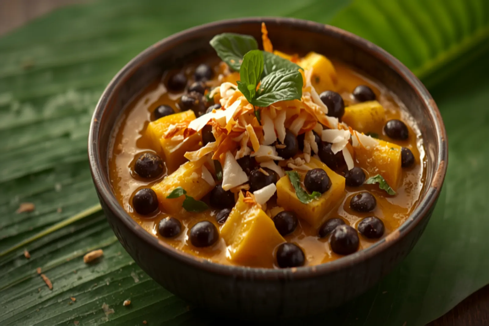 A bowl of hearty Kerala koottu curry with black chickpeas, yam, and plantain coated in coconut and topped with roasted coconut and curry leaves, on a banana leaf.