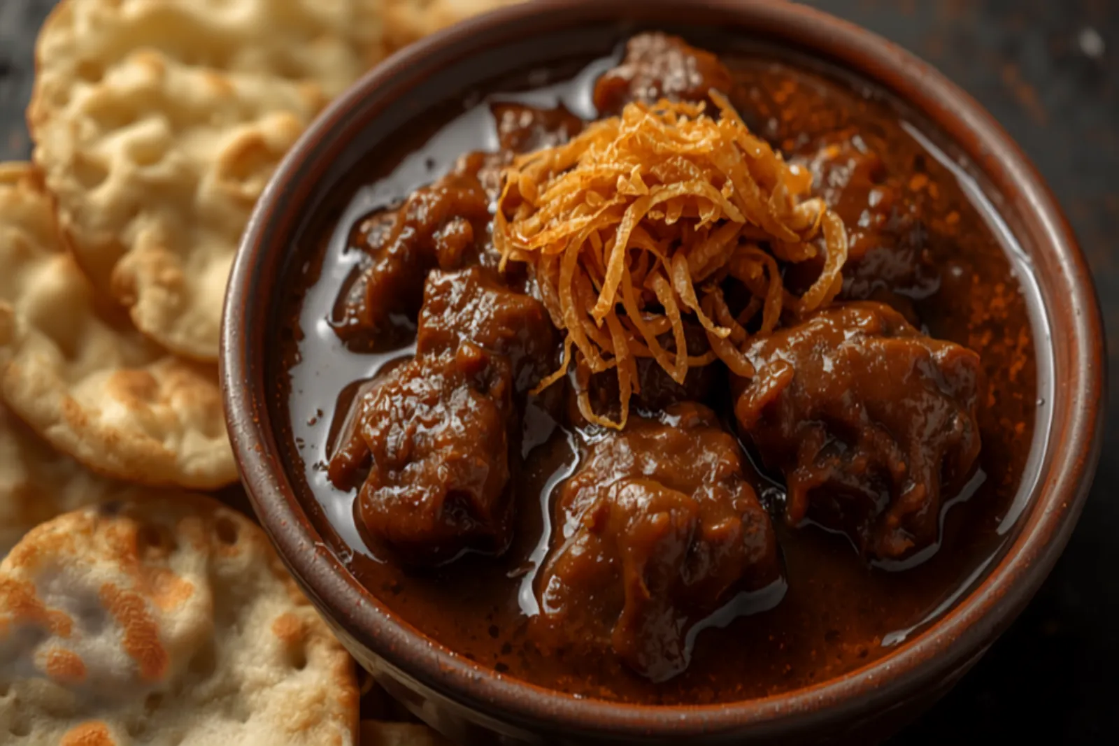 A dark, glossy Bengali kosha mangsho — tender bone-in mutton pieces in a thick clinging brown gravy — in a bowl, garnished with fried onion, beside luchi.