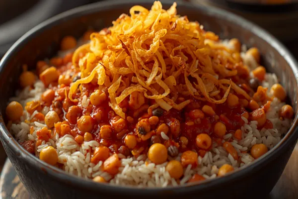 A deep bowl of Egyptian koshari layered with rice and brown lentils, macaroni and chickpeas under a red spiced tomato sauce, crowned with a tall heap of golden crispy fried onions.