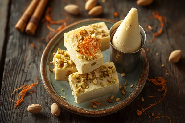 Thick slices of pale malai kulfi studded with pistachios and almonds on a small plate, a saffron-flecked kulfi still in its conical metal mould beside it, soft natural light.
