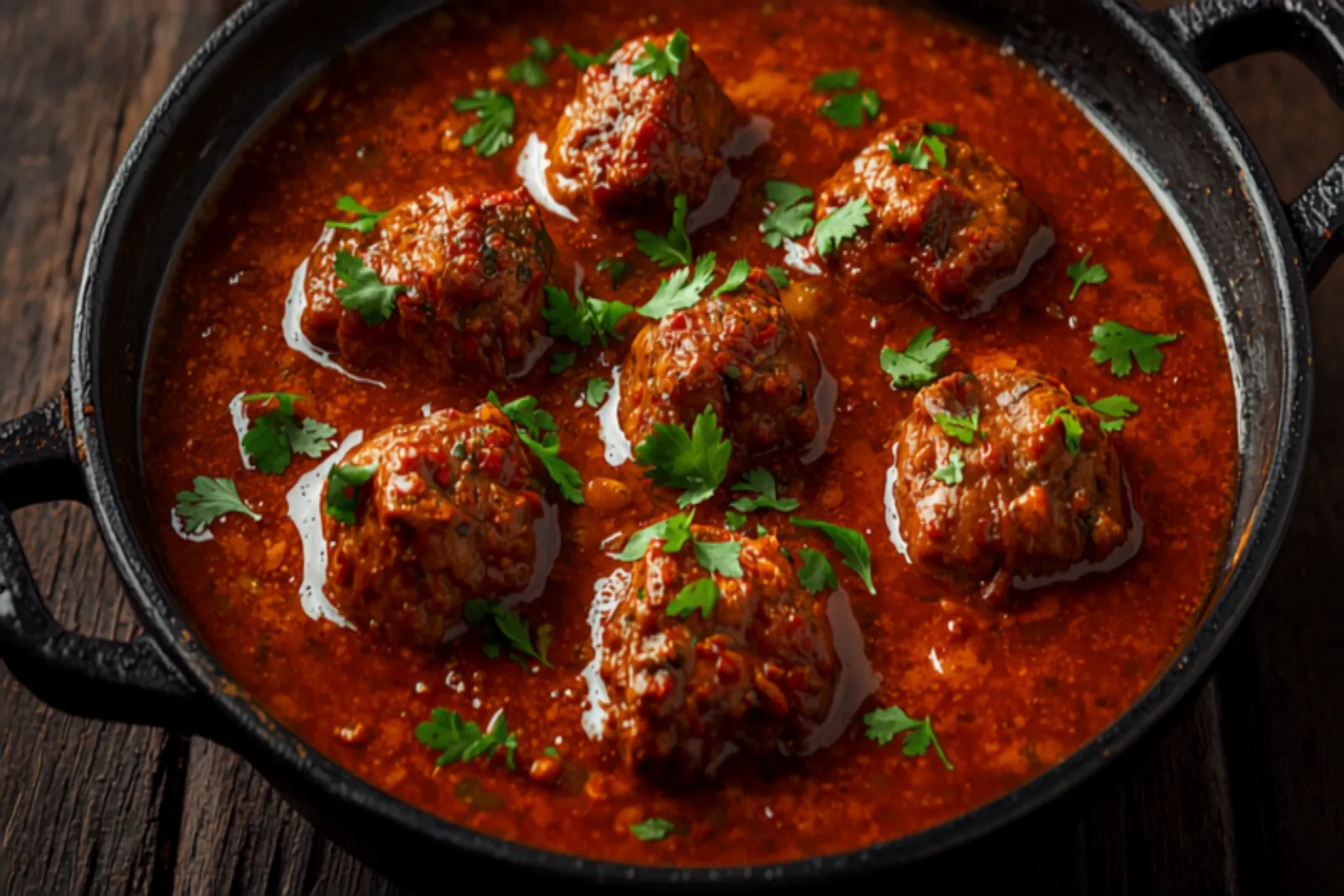 A fiery brick-red Rajasthani laal maas in a kadhai, bone-in mutton pieces in a glossy red-chili gravy with ghee pooling on top, garnished with coriander.