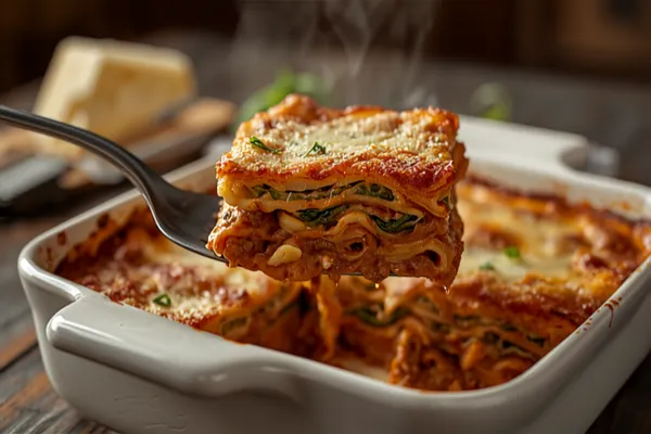A square slice of lasagne alla bolognese lifted from the baking dish, showing fine layers of green spinach pasta, deep-brown ragù and creamy besciamella, with a browned Parmigiano crust on top, on a rustic wooden table in warm natural light.