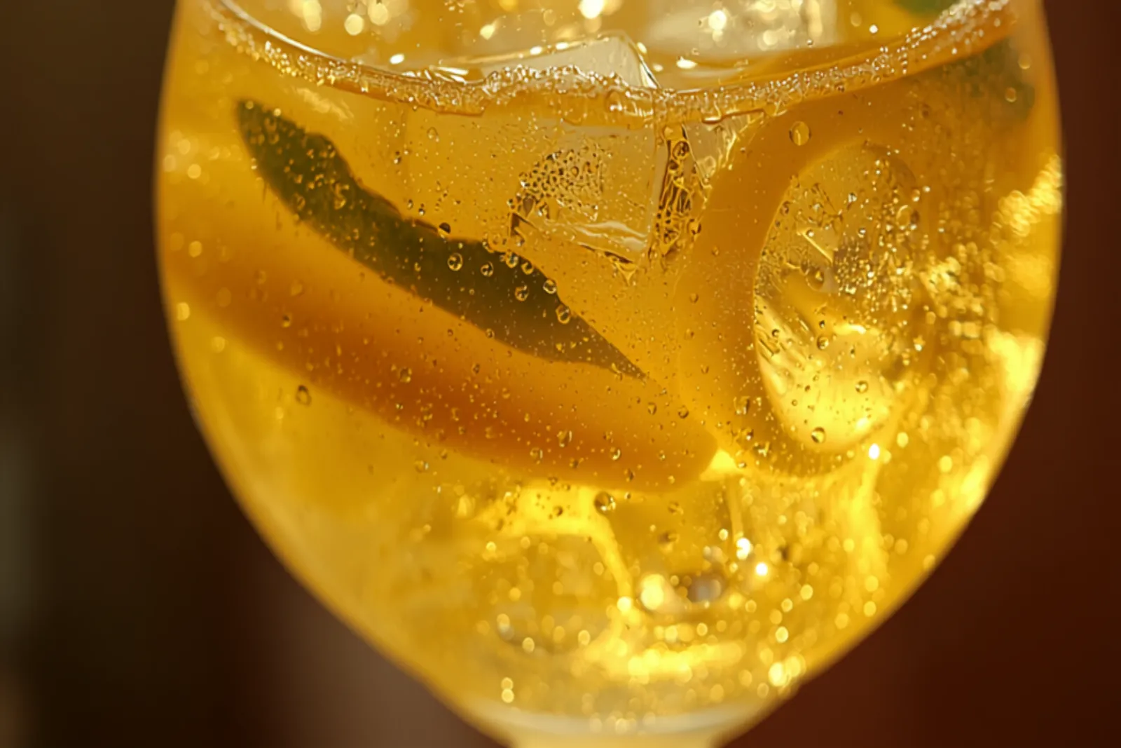 A golden Limoncello Spritz in a large wine glass over ice with lemon slices and fresh mint, bright sunny light.