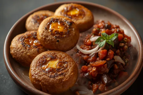 A plate of Bihari litti chokha — charred round wheat balls glistening with ghee beside a smoky mashed brinjal-and-tomato chokha, with green chili and onion.