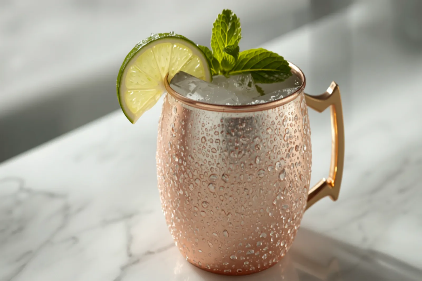 A copper mug London mule with gin, a lime wedge and mint sprig, condensation on the copper in bright daylight.