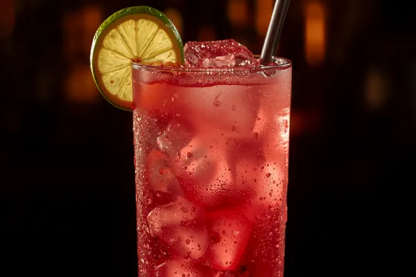 A tall Long Beach Iced Tea over ice glowing clear pink from cranberry juice, with a lime wedge and a straw.
