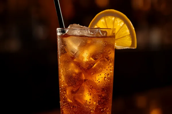 A tall Long Island Iced Tea over ice, deep amber like cold tea, with a lemon wedge and a straw, condensation on the glass.