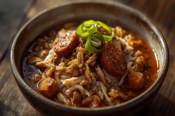 A bowl of dark brown Louisiana chicken and sausage gumbo with slices of andouille and shredded chicken, served over a mound of white rice and topped with sliced green spring onions.