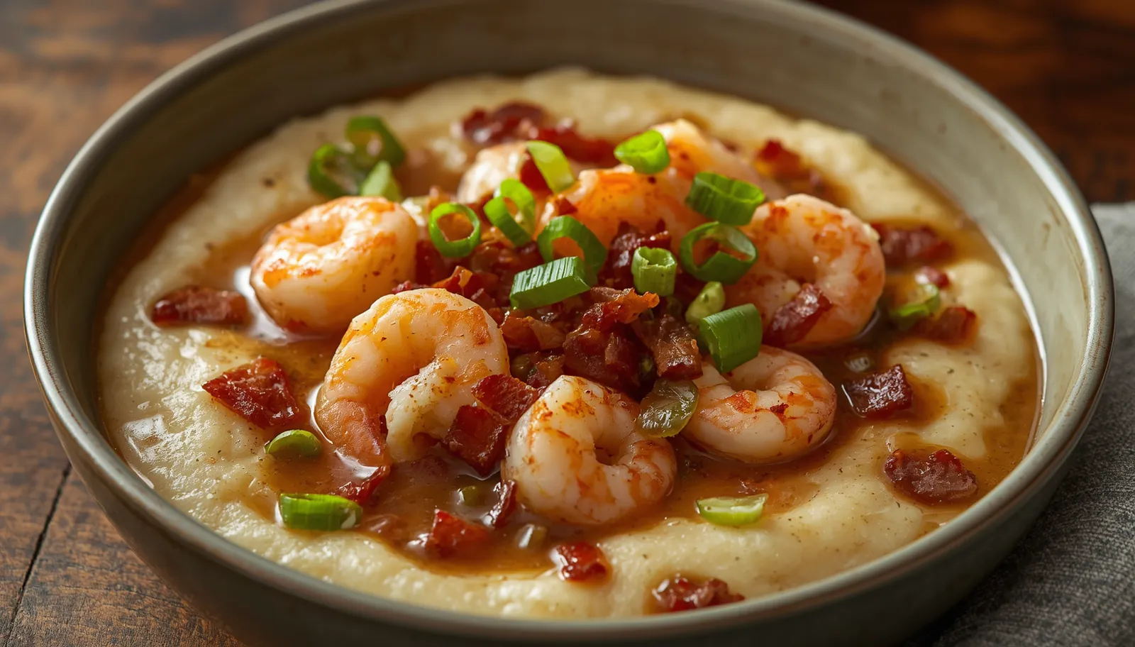 A shallow bowl of creamy pale-yellow grits topped with plump pink shrimp in a glossy brown gravy flecked with green bell pepper, crisp bacon, and sliced scallions.