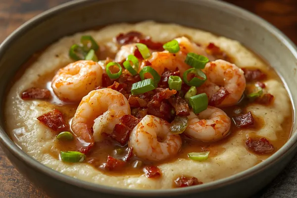 A shallow bowl of creamy pale-yellow grits topped with plump pink shrimp in a glossy brown gravy flecked with green bell pepper, crisp bacon, and sliced scallions.