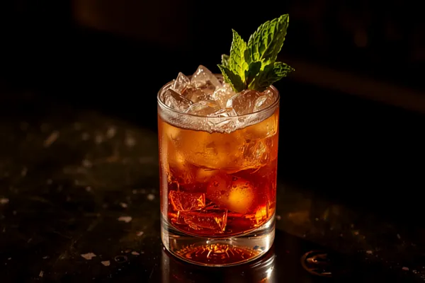 A Mai Tai in a double rocks glass mounded with crushed ice, a spent lime shell and a tall mint sprig, warm tropical light on a dark bar.