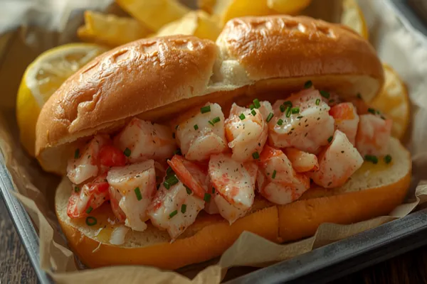 A top-split, griddled golden bun overflowing with chunks of pink-and-white lobster meat lightly dressed and flecked with green chives, on a paper-lined tray with lemon and chips.