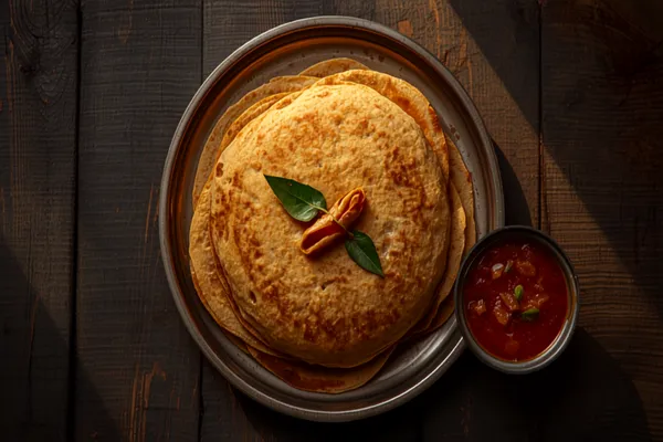 A stack of golden Malabar parottas on a steel plate, the top one crushed open to show dozens of flaky layers, with a bowl of red Kerala curry beside it.
