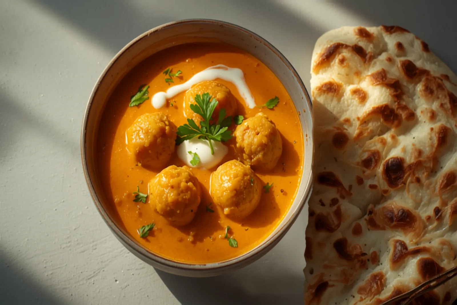 A bowl of malai kofta — golden fried paneer-potato dumplings in a creamy orange tomato-cashew gravy with a swirl of cream and coriander, beside naan.